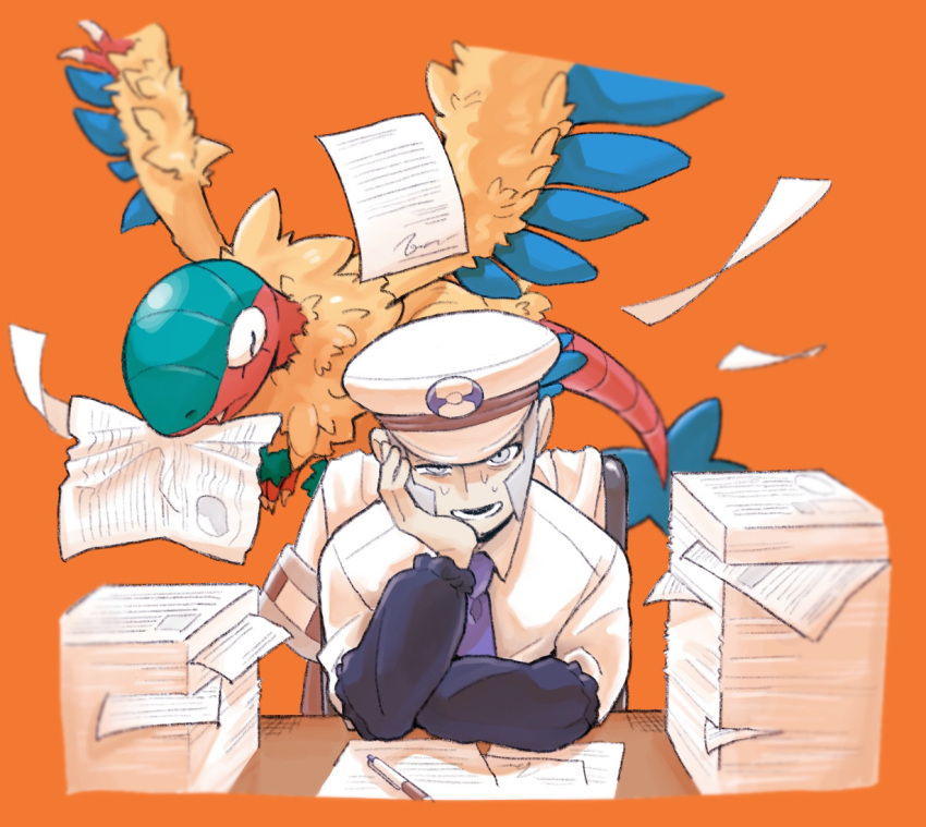 1boy, ake_(limited_timeac), archeops, coat, coat_removed, desk, emmet_(pokemon), forced_smile
