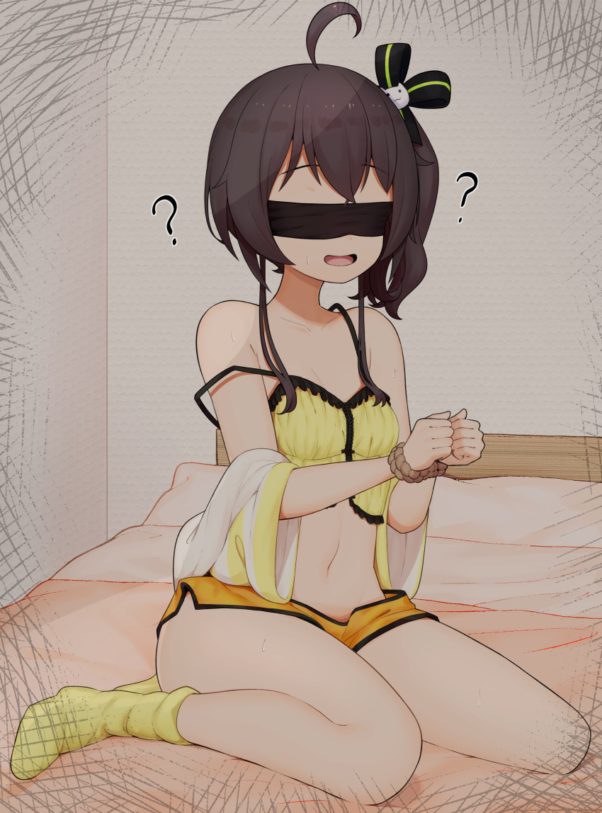 1girl, ?, absurdres, ahoge, black_blindfold, blindfold, bound, bound_arms, brown_hair, hair_ribbon, highres, hololive, lunch_boxer, natsuiro_matsuri, on_bed, open_mouth, ribbon, shorts, side_ponytail, smile, solo, tagme, virtual_youtuber, yellow_legwear, yellow_shorts