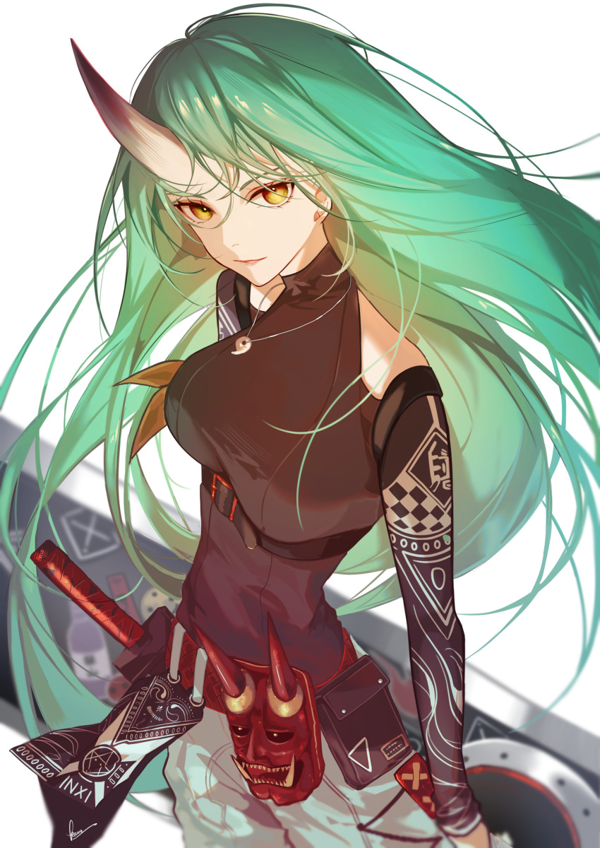 absurdres, arknights, black_shirt, breasts, clothing_cutout, cowboy_shot, green_hair, grey_pants