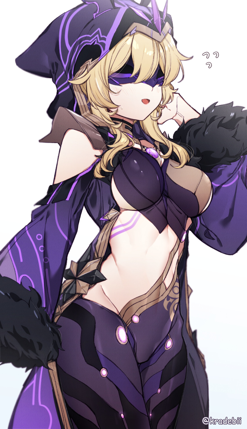 1girl, absurdres, blonde_hair, breasts, cicin_mage_(genshin_impact), cloak, cosplay, cowboy_shot