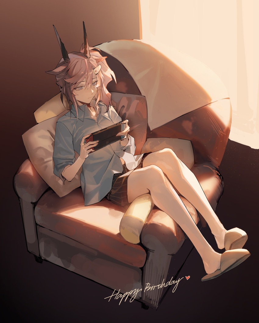 1girl, animal_ears, arknights, armchair, bare_legs, black_shorts, blue_eyes, brown_footwear