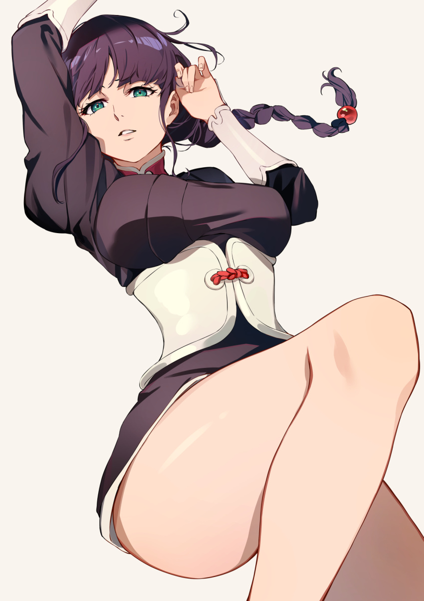 1girl, arm_up, bare_legs, black_kimono, bleach, braid, braided_ponytail, breasts