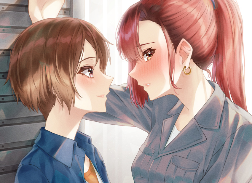 2girls, absurdres, banana_oekaki, blue_shirt, blush, brown_eyes, brown_hair, closed_mouth