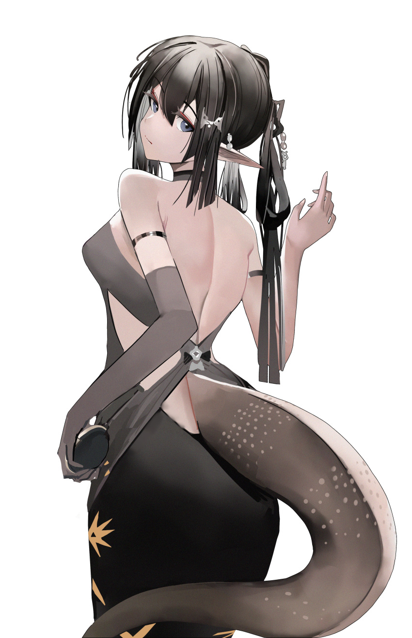 1girl, absurdres, alternate_costume, arknights, back, backless_dress, backless_outfit, bag