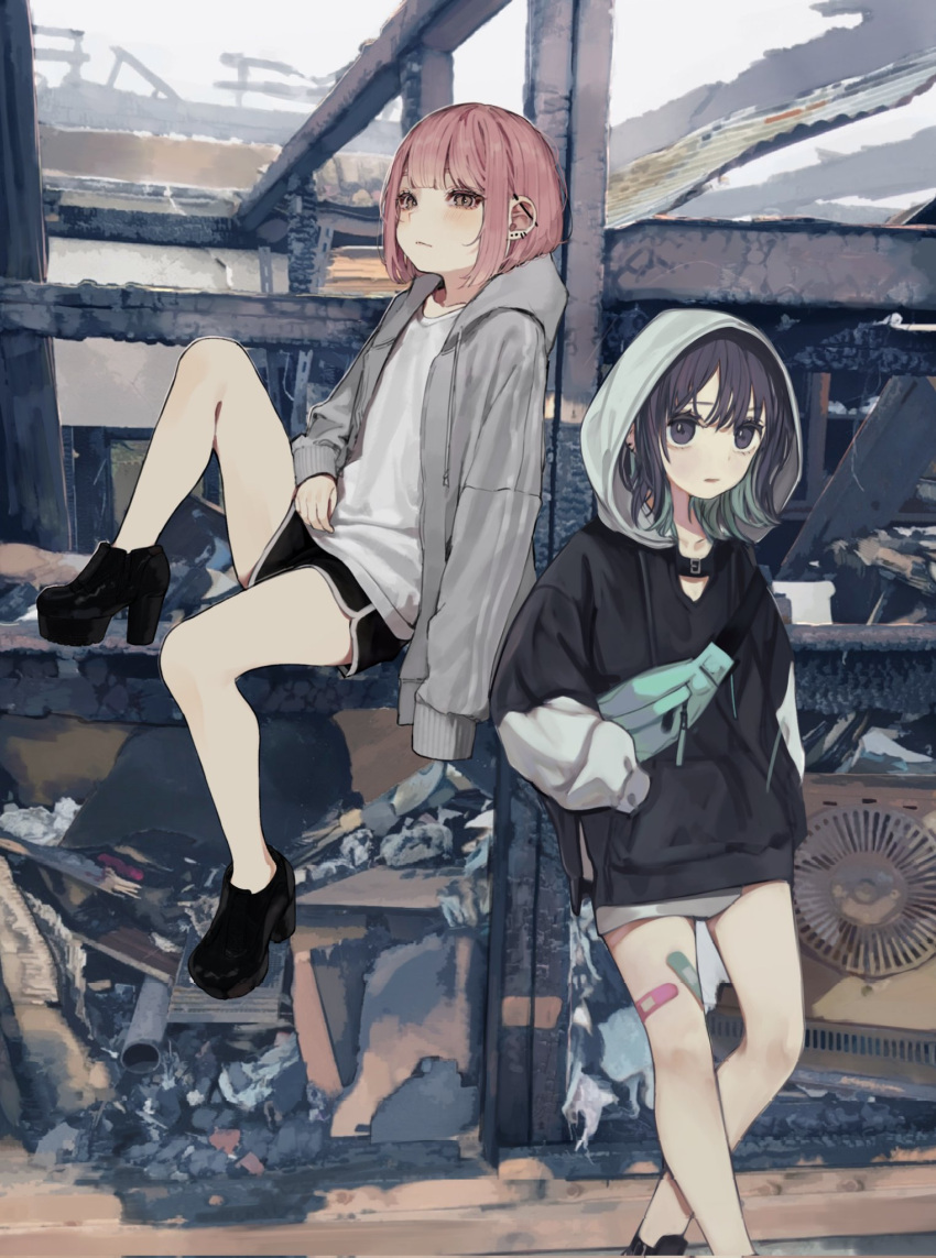 2girls, :|, bandaid, bandaid_on_leg, bangs, bare_legs, black_collar, black_eyes