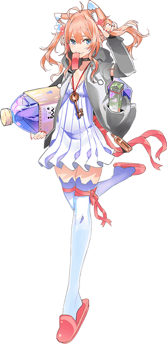 1girl, animal_ear_fluff, animal_ears, artist_request, black_jacket, blue_eyes, bottle, dress, full_body, holding, holding_bottle, jacket, key, long_hair, minigirl, monster_musume_no_iru_nichijou, monster_musume_no_iru_nichijou_online, mouth_hold, official_art, orange_hair, rem_(monster_musume), slippers, solo, thigh-highs, transparent_background, twintails, water_bottle, white_dress, white_legwear