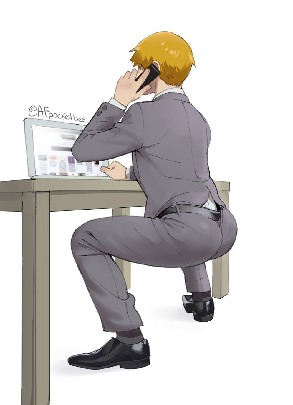 1boy, ass, back, belt, black_belt, blonde_hair, computer, formal
