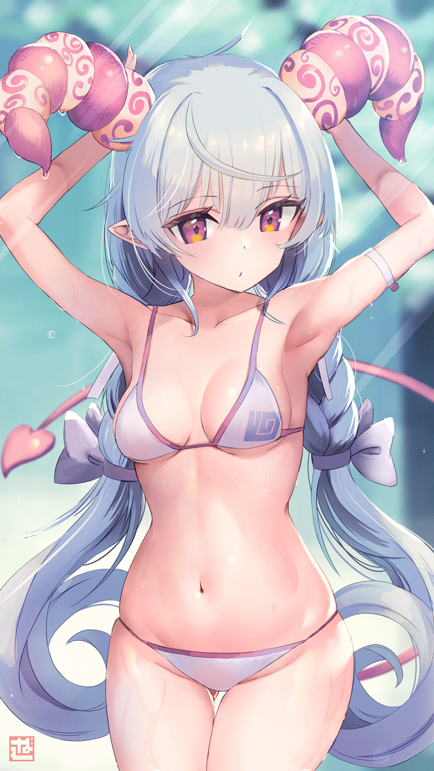 1girl, arm_behind_head, armor, armpits, ass_visible_through_thighs, bare_arms, bare_shoulders, bikini, breasts, cowboy_shot, demon_girl, demon_horns, demon_tail, expressionless, highres, horns, light_blue_hair, long_hair, looking_at_viewer, navel, original, pink_eyes, pink_horns, pointy_ears, saebashi, small_breasts, solo, stomach, string_bikini, swimsuit, tail, thigh_gap, very_long_hair, wet, white_bikini