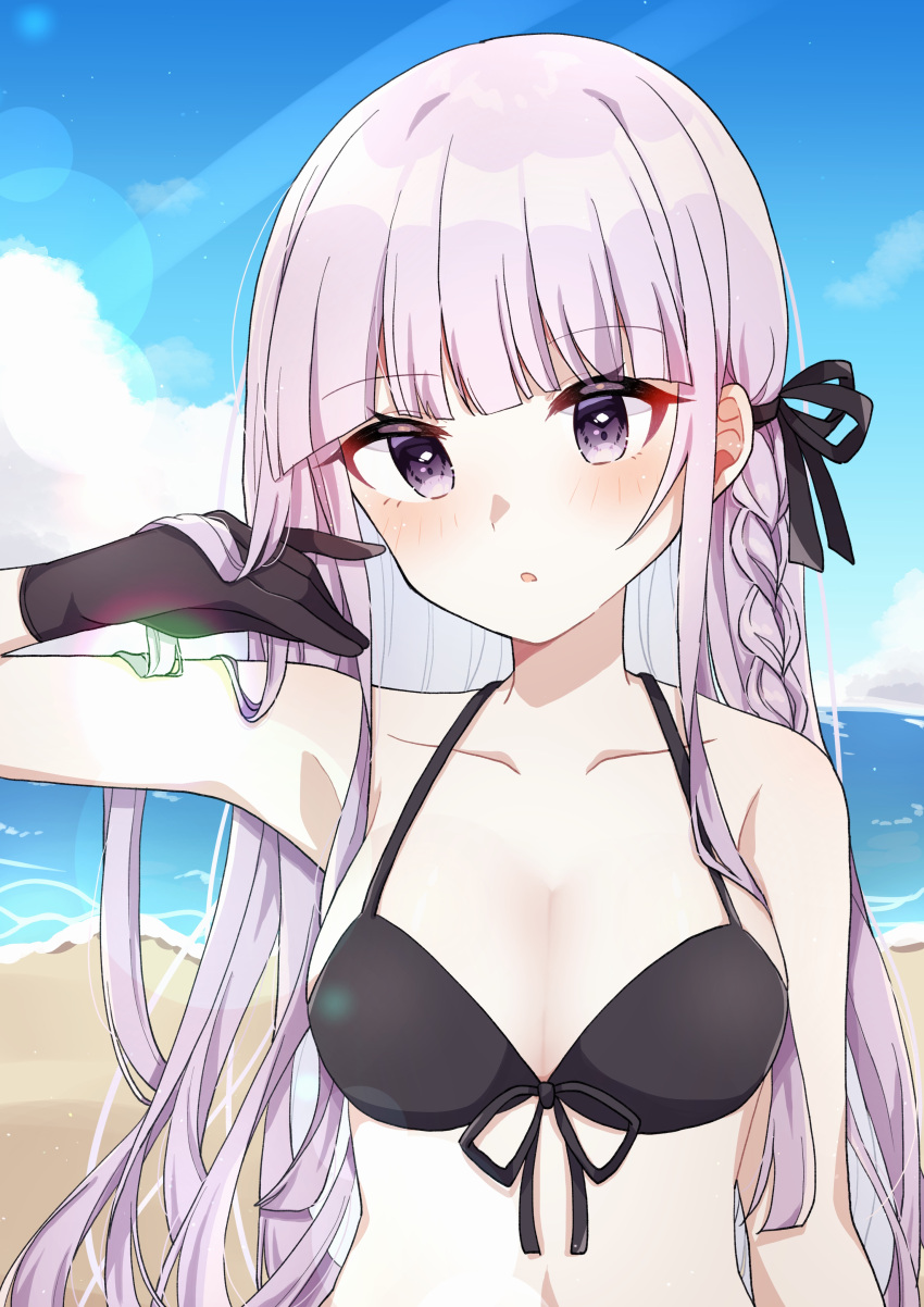 1girl, absurdres, bare_shoulders, bikini, black_bikini, black_gloves, braid, collarbone