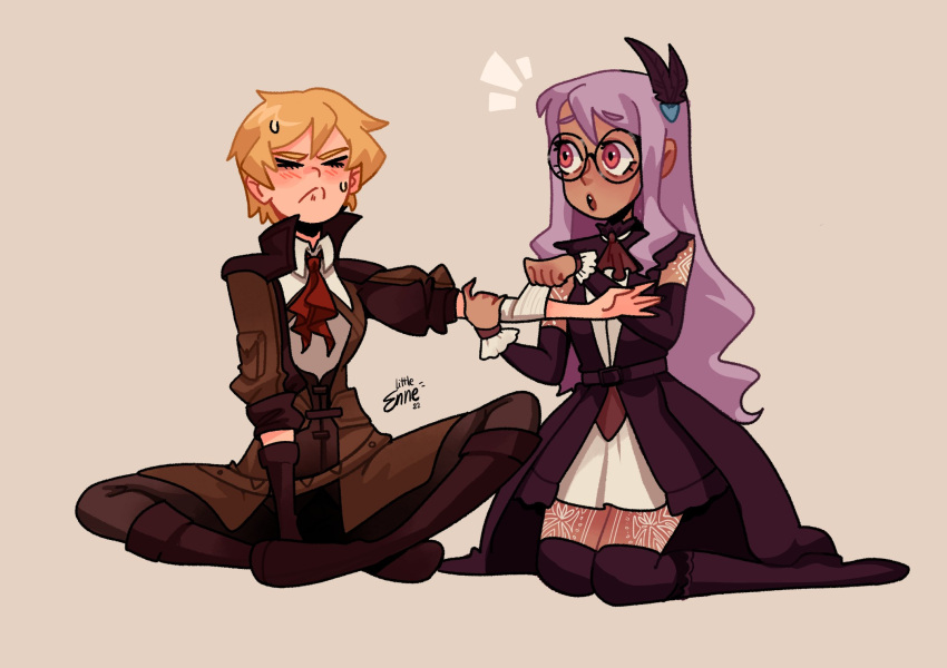 2girls, alafare_zamfir_lazarescu, blonde_hair, brown_footwear, brown_gloves, closed_eyes, dark_skin, glasses, gloves, highres, katherine_orlovsky, little_enne, multiple_girls, original, purple_hair, red_ribbon, ribbon, signature, tattoo, yuri