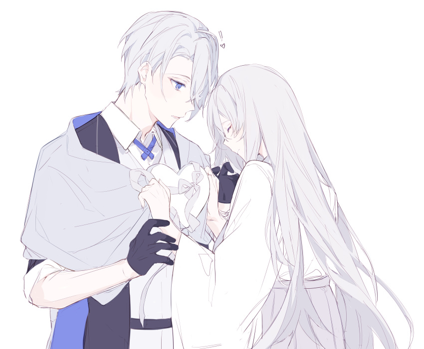 !, 1boy, 1girl, absurdres, black_gloves, blue_eyes, box, closed_eyes