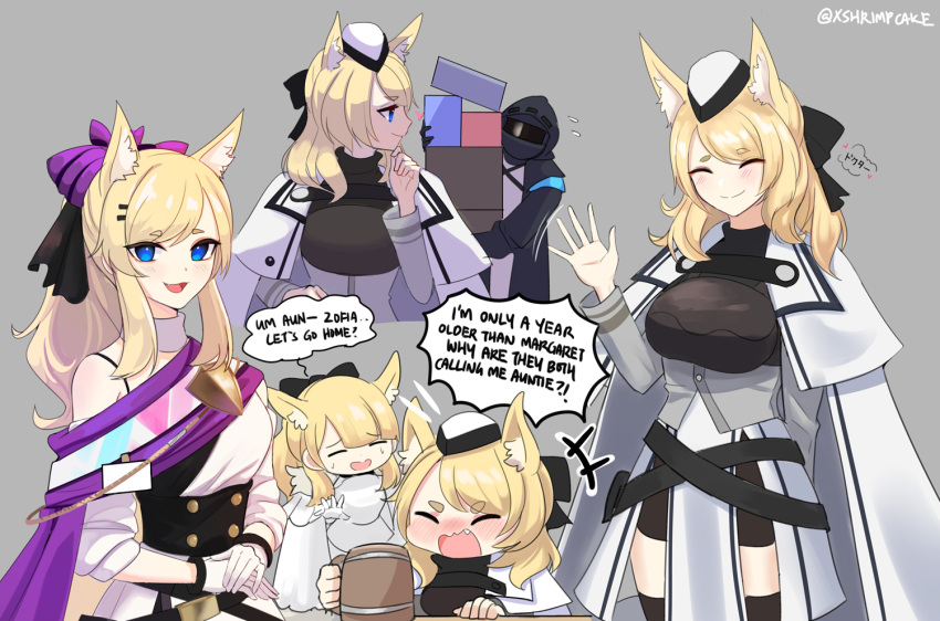 1other, 2girls, :d, arknights, bare_shoulders, black_jacket, blemishine_(arknights), blonde_hair, blue_eyes, bow, cape, chibi, closed_eyes, commentary, doctor_(arknights), dress, grey_background, hair_bow, hand_up, jacket, long_hair, long_sleeves, looking_at_viewer, multiple_girls, multiple_views, official_alternate_costume, open_mouth, purple_bow, simple_background, smile, speech_bubble, supershrimpcakes, whislash_(arknights), whislash_(glory_purple)_(arknights), white_cape, white_dress