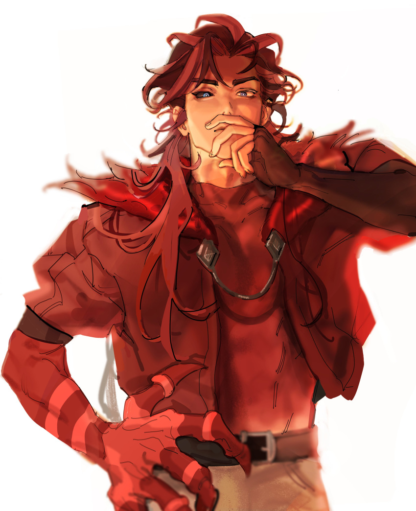 1boy, absurdres, bangs, belt, black_gloves, black_sclera, blue_eyes, blurry, claws, closed_mouth, colored_sclera, colored_skin, cookie_run, covering_mouth, depth_of_field, elbow_gloves, fingerless_gloves, frown, gloves, hand_on_hip, hand_over_own_mouth, hand_up, highres, humanization, jacket, korean_commentary, long_hair, male_focus, mismatched_sclera, multicolored_skin, open_clothes, open_jacket, qkqdlwkddlek, red_jacket, red_shirt, red_skin, red_theme, red_velvet_cookie, redhead, shirt, simple_background, solo, two-tone_skin, upper_body, very_long_hair, white_background