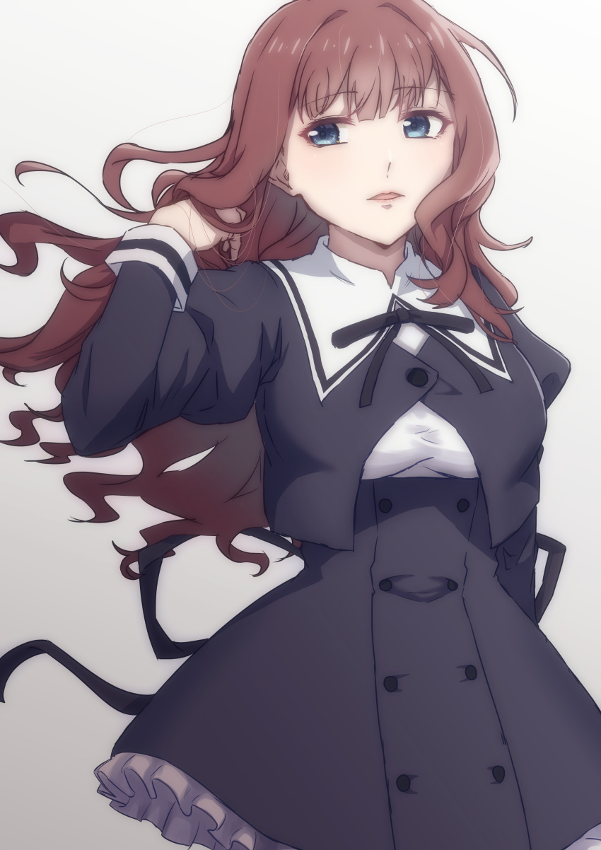 1girl, absurdres, arm_at_side, assault_lily, bangs, black_ribbon, black_skirt, blue_eyes, breasts, brown_hair, buttons, commentary, cowboy_shot, cropped_jacket, eyebrows_visible_through_hair, floating_hair, frilled_skirt, frills, gradient, gradient_background, grey_background, hair_flip, hand_up, high-waist_skirt, highres, juliet_sleeves, kaede_johan_nouvel, kashinoshi, long_hair, long_sleeves, looking_at_viewer, medium_breasts, neck_ribbon, parted_lips, puffy_sleeves, ribbon, school_uniform, shirt, sidelocks, skirt, solo, standing, wavy_hair, white_background, white_shirt, yurigaoka_girls_academy_school_uniform