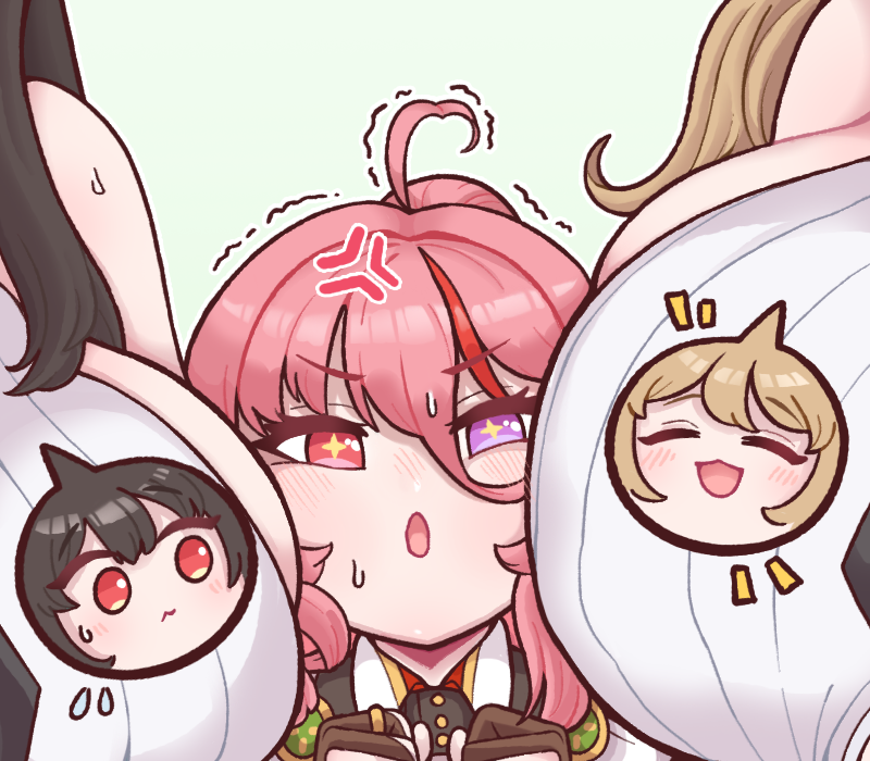3girls, :3, ahoge, amphitrite_(last_origin), anger_vein, black_hair, blonde_hair, blush, breast_press, breasts, bulga, closed_mouth, eyebrows_visible_through_hair, fingerless_gloves, girl_sandwich, gloves, green_background, hair_between_eyes, heterochromia, huge_breasts, last_origin, melite_(last_origin), motion_lines, multicolored_hair, multiple_girls, open_mouth, out_of_frame, pink_eyes, pink_hair, red_eyes, redhead, salacia_(last_origin), sandwiched, simple_background, spoken_character, streaked_hair, sweatdrop, trembling, violet_eyes