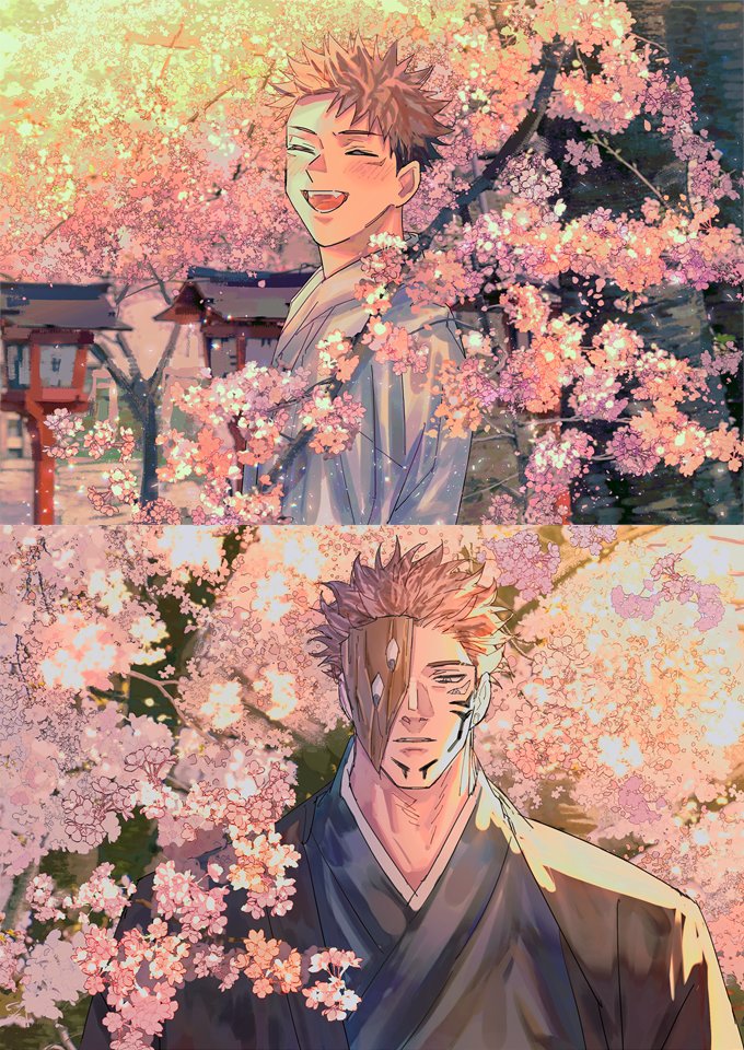 2boys, ahumnouta, black_hair, blush, branch, cherry_blossoms, closed_eyes, extra_eyes, facial_tattoo, fang, itadori_yuuji, japanese_clothes, jujutsu_kaisen, kimono, lamp, looking_at_another, mask, mature_male, multiple_boys, one_eye_covered, open_mouth, pink_hair, ryoumen_sukuna_(jujutsu_kaisen), smile, spiky_hair, sukuna, sunset, tattoo, thick_eyebrows, tree, upper_body, yukata