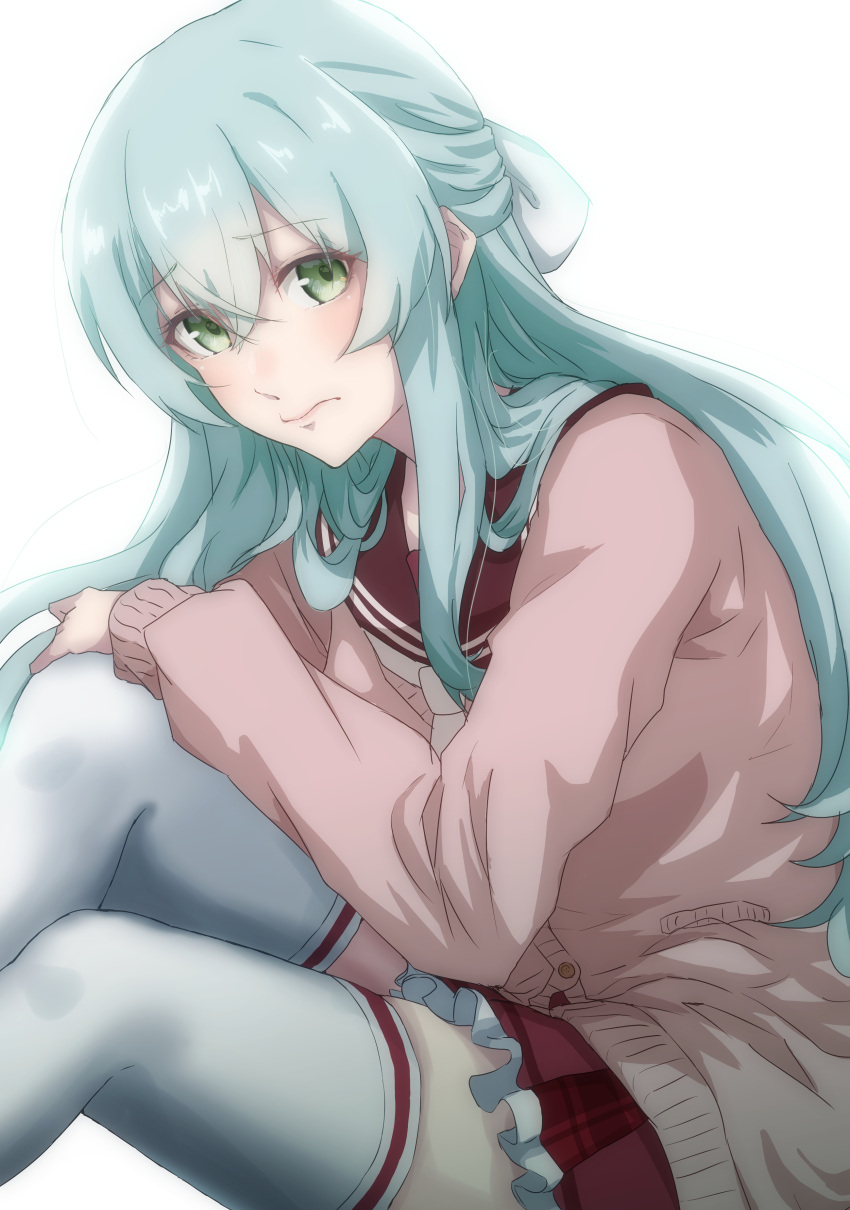 1girl, absurdres, aqua_hair, assault_lily, bangs, bow, brown_cardigan, brown_sailor_collar