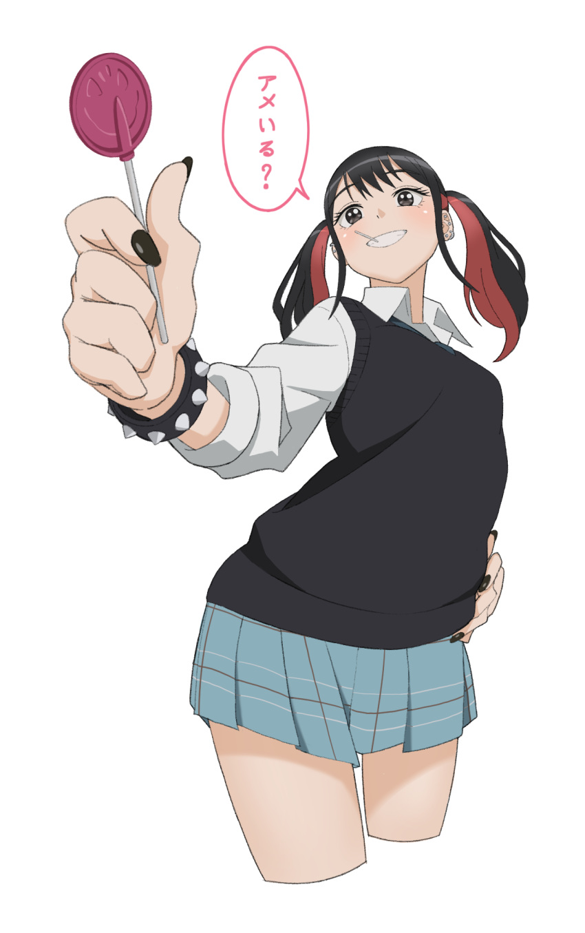 1girl, bangs, black_eyes, black_hair, black_nails, black_vest, blue_skirt, bracelet