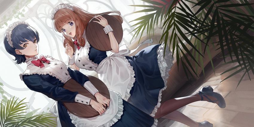 2girls, :d, apron, bangs, blue_dress, blue_footwear, blue_hair, blunt_bangs
