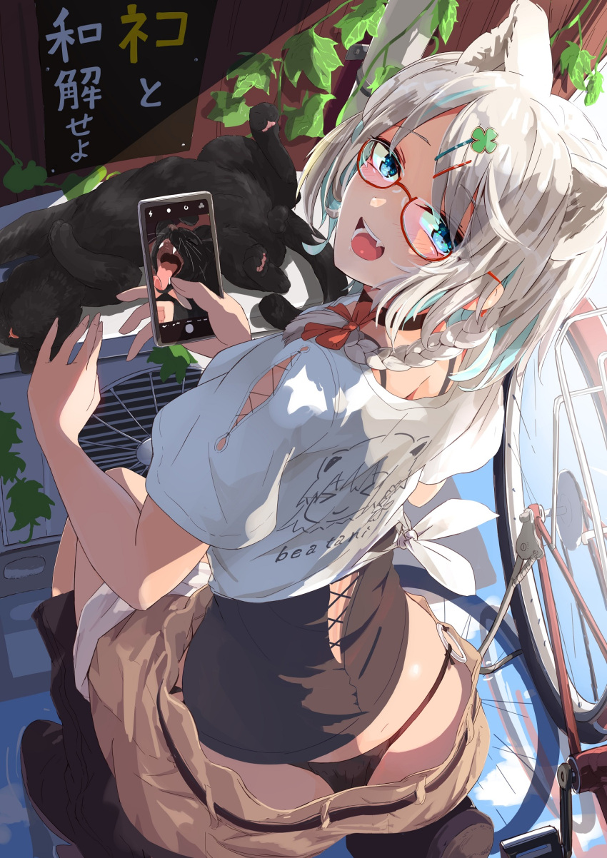 1girl, alternate_costume, animal, animal_ears, ass, bespectacled, bicycle, blue_eyes