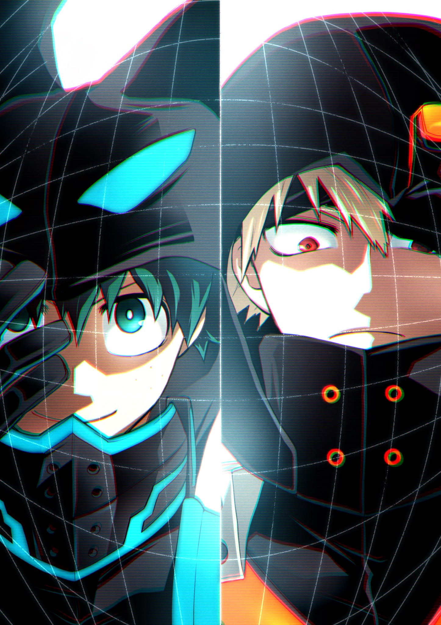 2boys, bakugou_katsuki, black_gloves, blonde_hair, boku_no_hero_academia, fisheye, freckles, frown