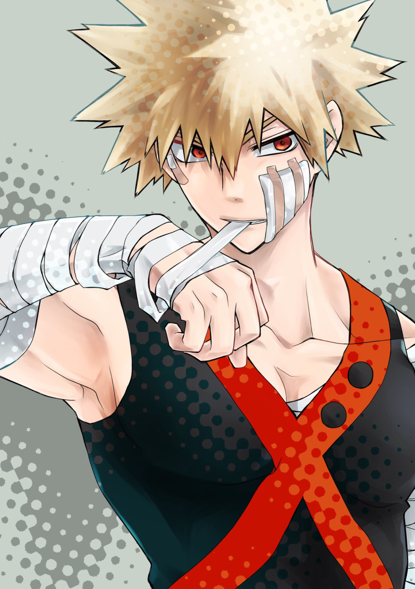 1boy, bakugou_katsuki, bandage_on_face, bandaged_arm, bandages, bandaid, bandaid_on_face, blonde_hair