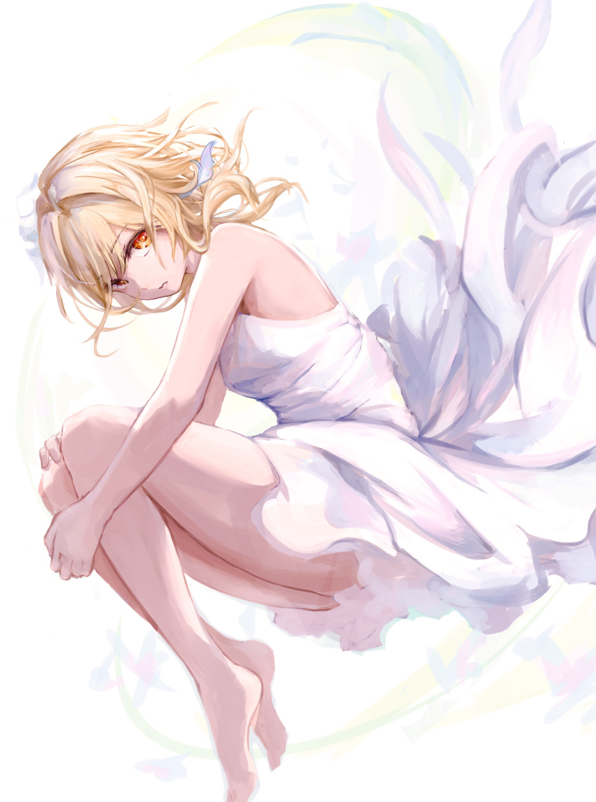 1girl, absurdres, bangs, bare_shoulders, barefoot, blonde_hair, breasts, dress, fetal_position, flower, genshin_impact, hair_flower, hair_ornament, highres, hugging_own_legs, kurau476, lumine_(genshin_impact), short_hair, short_hair_with_long_locks, simple_background, white_dress, yellow_eyes