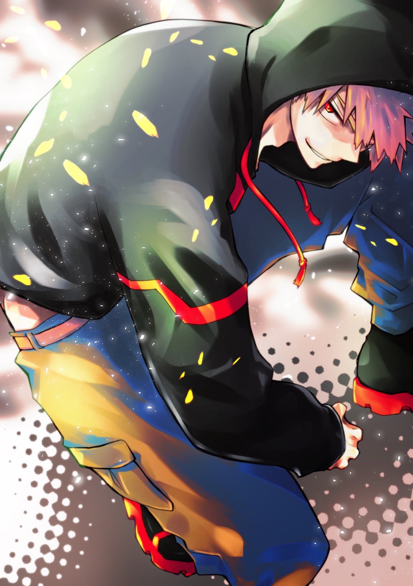 1boy, bakugou_katsuki, black_footwear, black_hoodie, blonde_hair, blue_pants, boku_no_hero_academia, boots