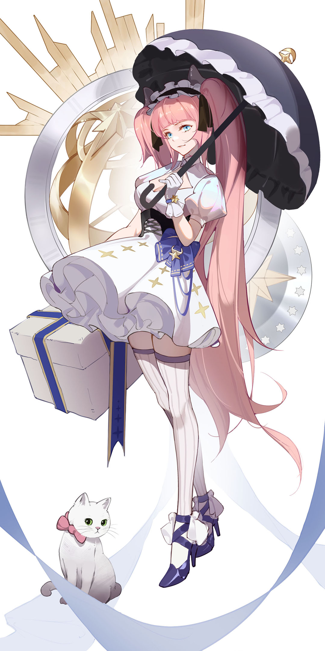 1girl, bangs, blue_footwear, box, cat, closed_mouth, dress, eyebrows_visible_through_hair