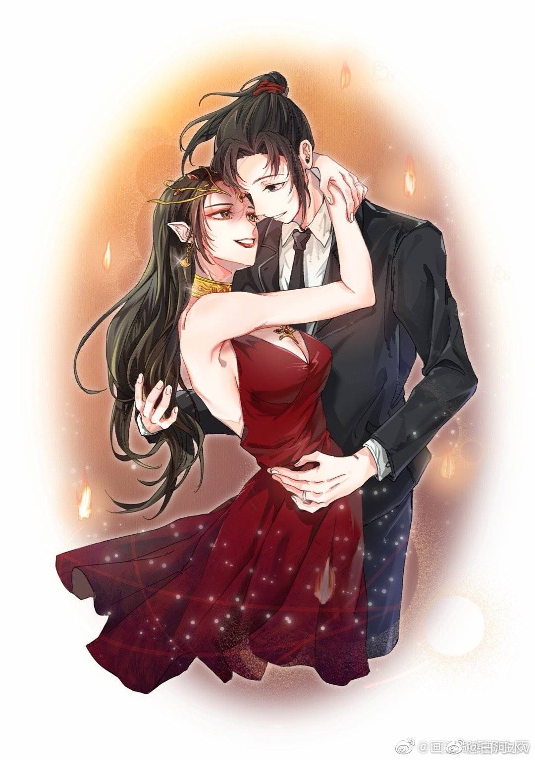 1boy, 1girl, baihe_shui_v, black_hair, cai_lin_(doupo_cangqiong), couple, doupo_cangqiong, dress