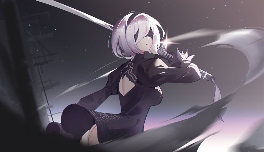 1girl, ass, bangs, black_dress, black_gloves, black_hairband, blindfold, breasts, closed_mouth, dress, eyebrows_visible_through_hair, gloves, hairband, highres, holding, holding_sword, holding_weapon, j_fang, medium_breasts, nier_(series), nier_automata, night, night_sky, panties, short_hair, sideboob, silver_hair, sky, solo, sword, underwear, upper_body, weapon, white_hair, white_panties, yorha_no._2_type_b