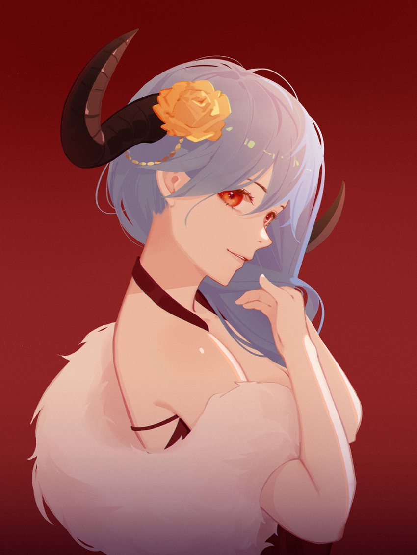 1girl, bangs, blue_hair, chinese_zodiac, demon_horns, dress, eyebrows_visible_through_hair, feather_boa