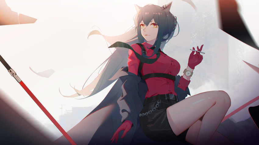 1girl, animal_ears, arknights, bangs, belt, black_belt, black_hair, black_skirt