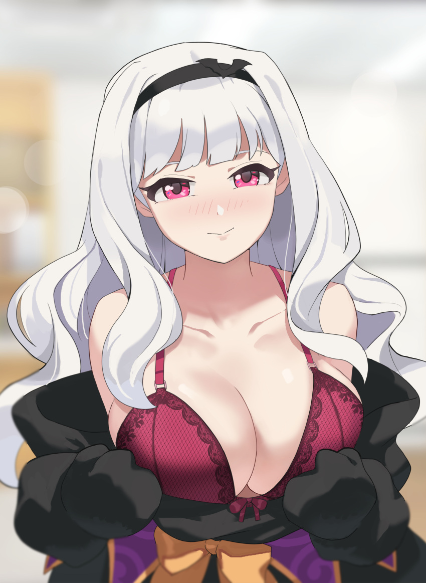 1girl, absurdres, bare_shoulders, black_hairband, blush, bra, breasts, collarbone