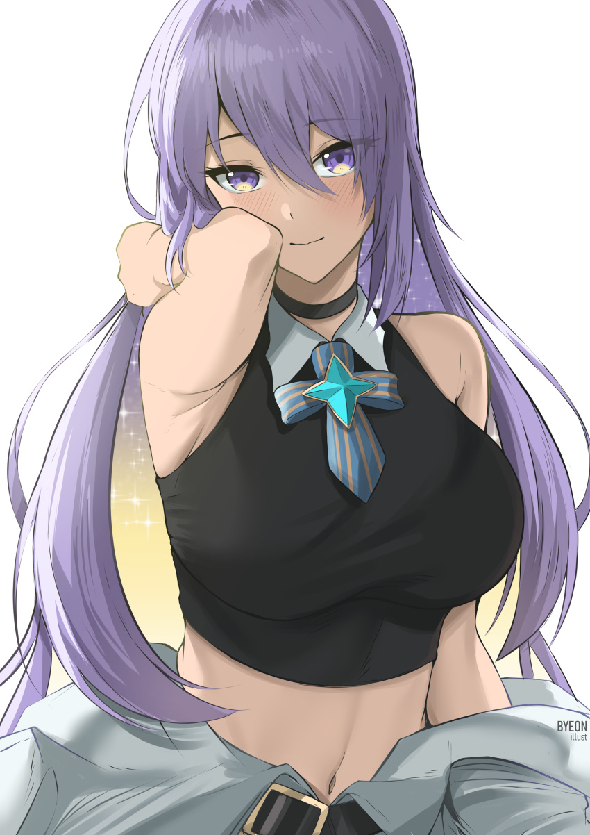 1girl, absurdres, bangs, blush, breasts, byeon, choker, closed_mouth, commentary, eyebrows_visible_through_hair, eyes_visible_through_hair, hair_between_eyes, hand_up, highres, hololive, hololive_indonesia, large_breasts, long_hair, looking_at_viewer, moona_hoshinova, multicolored_hair, purple_hair, smile, solo, starry_hair, tank_top, two-tone_hair, virtual_youtuber