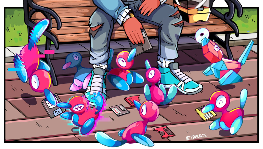 alternate_color, artist_name, bench, border, cd, dark_skin, denim, eating, feeding, floppy_disk, glitch, grass, highres, jeans, out_of_frame, outside_border, pants, pokemon, pokemon_(creature), porygon, porygon2, shiny_pokemon, shoes, sitting, sneakers, tail, taplaos, torn_clothes, torn_pants, wavy_eyes, white_border