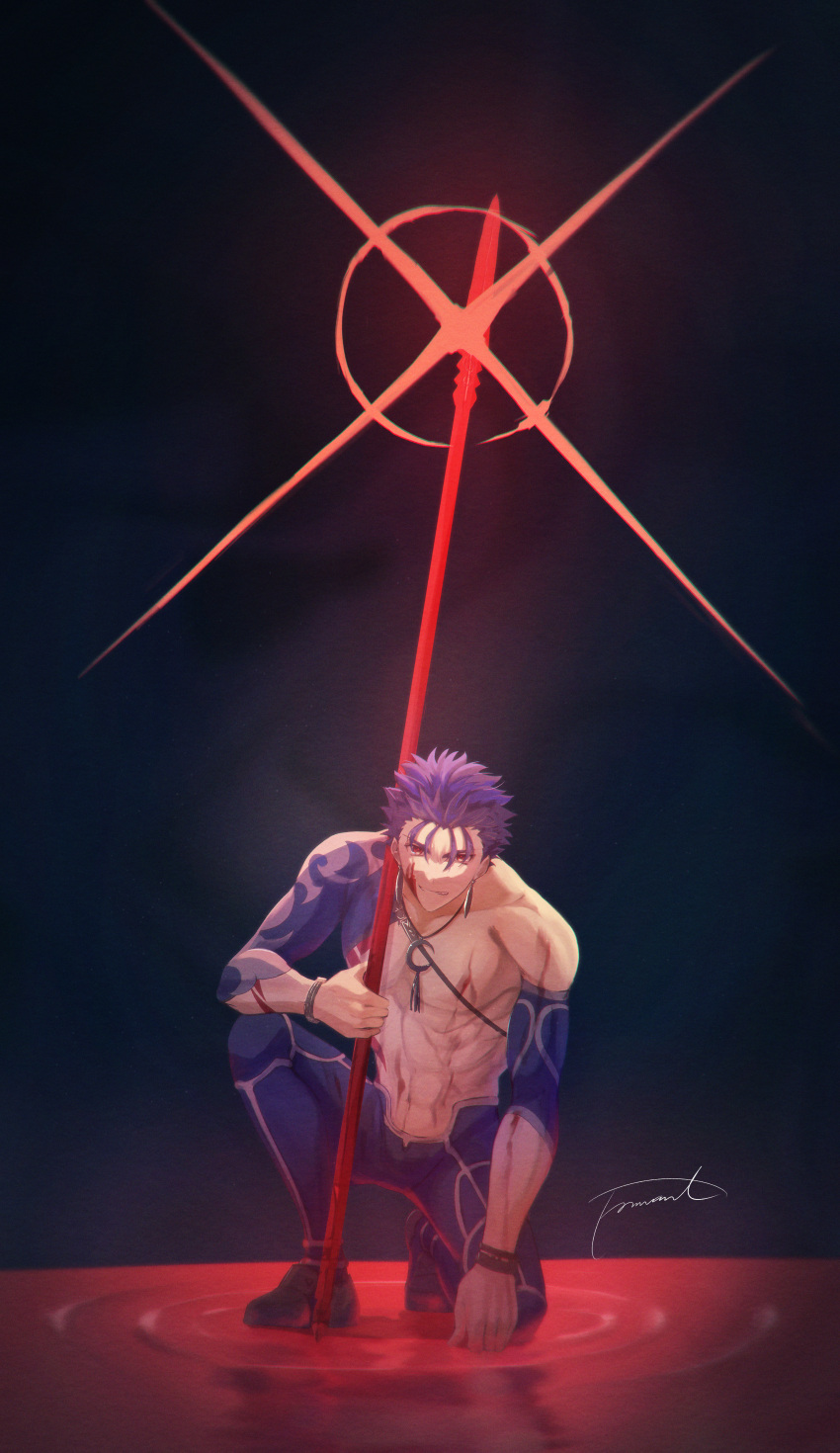 1boy, abs, absurdres, blood, blue_pants, bracelet, chest_strap, closed_mouth, crescent_necklace, cu_chulainn_(fate), cu_chulainn_(fate/stay_night), cu_chulainn_(second_ascension)_(fate), detached_sleeves, earrings, fate/grand_order, fate_(series), gae_bolg_(fate), grin, highres, holding, holding_polearm, holding_weapon, jewelry, kneeling, looking_at_viewer, male_focus, moto_u_toe_say, muscular, muscular_male, pants, polearm, red_eyes, skin_tight, smile, solo, spiky_hair, weapon