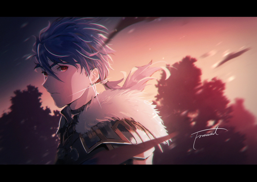 1boy, absurdres, armor, blue_hair, closed_mouth, crescent_necklace, cu_chulainn_(fate), cu_chulainn_(fate/prototype)