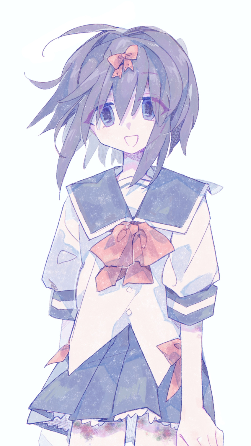 1girl, :d, blue_eyes, blue_sailor_collar, blue_skirt, bruise, buttons, eyes_visible_through_hair