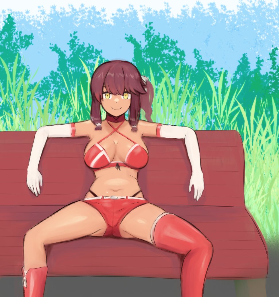 1girl, bench, bench_tails_(meme), bra, breasts, brown_hair, cellix, closed_mouth, derivative_work, elbow_gloves, feet_out_of_frame, girls_frontline, gloves, grass, hair_ribbon, looking_at_viewer, medium_breasts, medium_hair, meme, navel, outdoors, park_bench, red_bra, red_footwear, red_legwear, red_shorts, red_tank_top, ribbon, saiga-12_(crimson_navigator)_(girls'_frontline), saiga-12_(girls'_frontline), shorts, single_thighhigh, sitting, smile, solo, spread_legs, tank_top, thigh-highs, underwear, white_gloves, white_ribbon, yellow_eyes