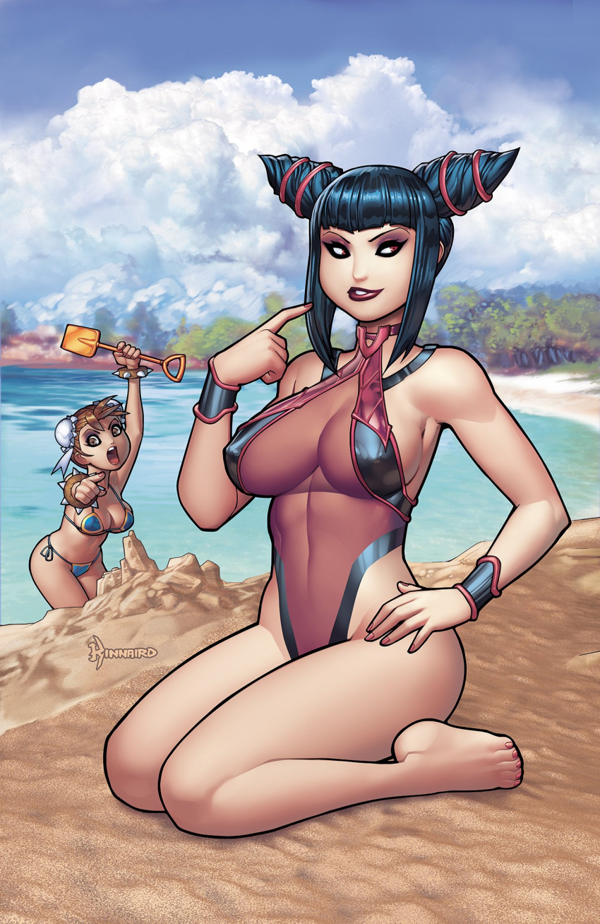 2girls, artist_name, bangs, beach, bikini, black_hair, blue_bikini, blue_sky