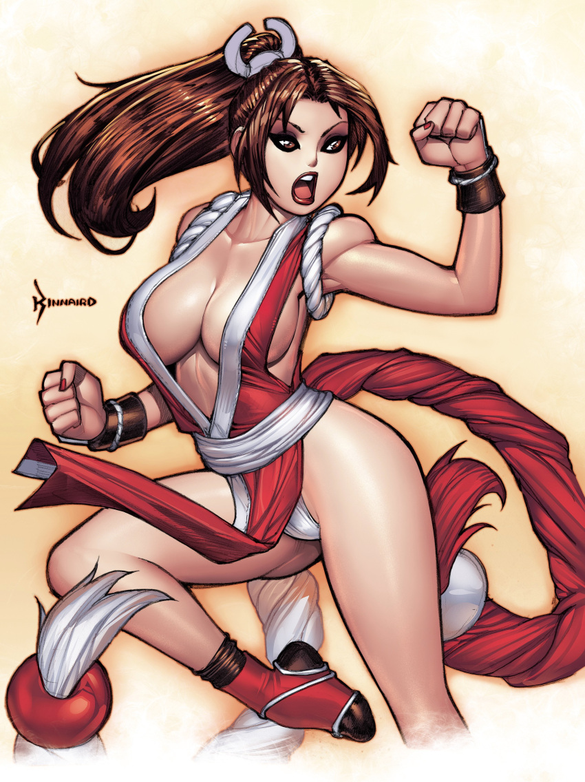 1girl, absurdres, breasts, brown_eyes, brown_hair, fatal_fury, highres, large_breasts, leg_up, long_hair, open_mouth, pelvic_curtain, ponytail, rope, ryan_kinnaird, shadow, shiranui_mai, sideboob, solo