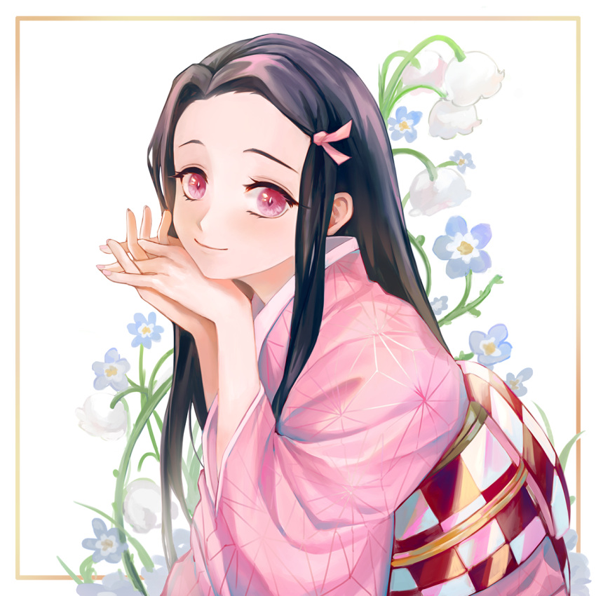 1girl, black_hair, border, checkered_clothes, choinyulang, floral_background, flower, from_side, hair_ribbon, hands_up, head_rest, highres, interlocked_fingers, japanese_clothes, kamado_nezuko, kimetsu_no_yaiba, kimono, lily_of_the_valley, long_hair, long_sleeves, obi, outside_border, own_hands_together, pink_kimono, pink_ribbon, ribbon, sash, smile, solo, symbol-only_commentary, upper_body