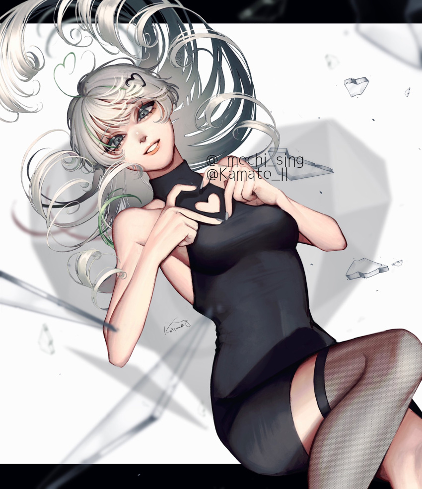 1girl, artist_name, bare_shoulders, black_dress, breasts, broken_glass, clothing_cutout, covered_navel