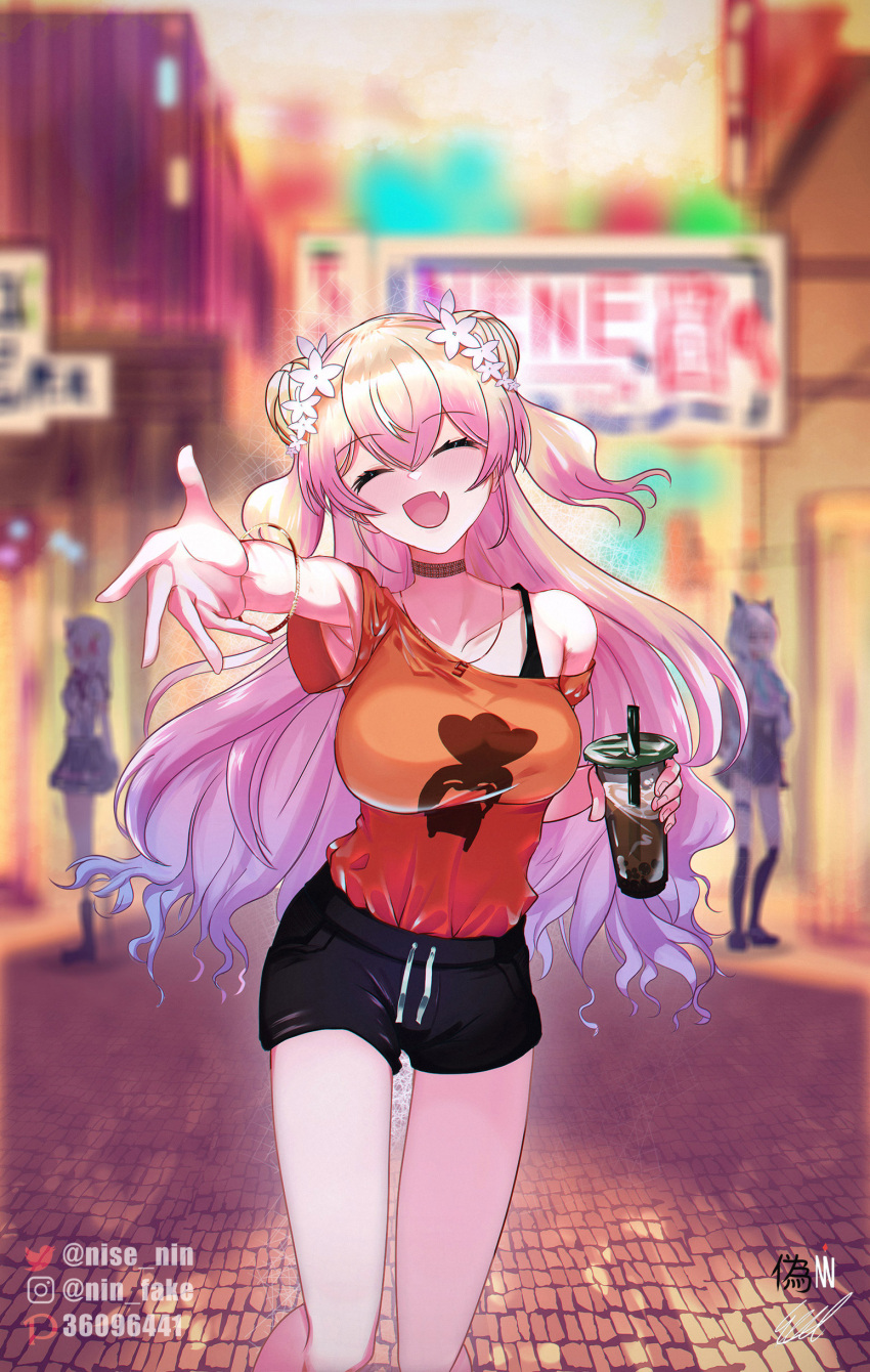 absurdres, alternate_costume, artist_name, blonde_hair, breasts, bubble_tea, closed_eyes, double_bun