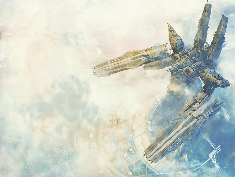 cannon, city, clouds, english_commentary, from_above, macross, macross_delta, macross_elysion
