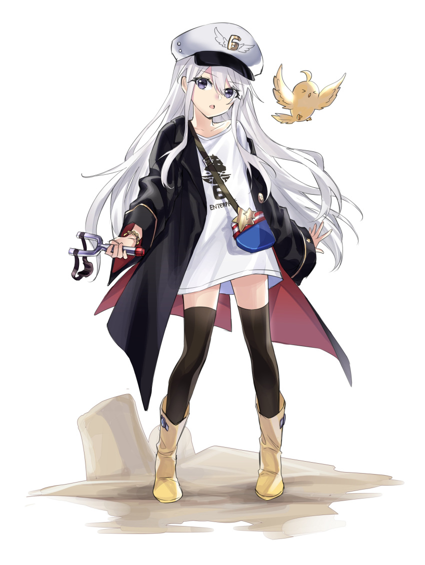 1girl, absurdres, azur_lane, bag, bangs, bird, black_jacket, black_legwear, boots, bracelet, collarbone, eyebrows_visible_through_hair, full_body, highres, holding, holding_bag, holding_slingshot, jacket, jewelry, little_enterprise_(azur_lane), long_hair, looking_at_viewer, manjuu_(azur_lane), open_clothes, open_jacket, open_mouth, shirt, silver_hair, slingshot, solo, standing, suprii, thigh-highs, violet_eyes, white_background, white_headwear, white_shirt, yellow_footwear