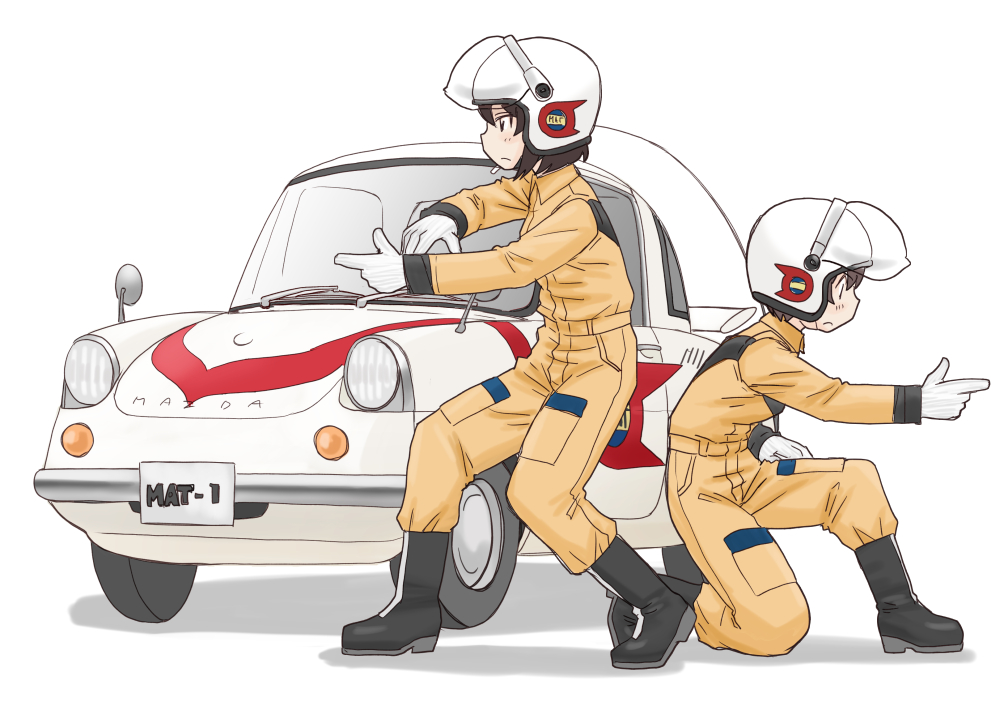 2girls, back-to-back, bangs, black_footwear, black_hair, boots, brown_hair, closed_mouth