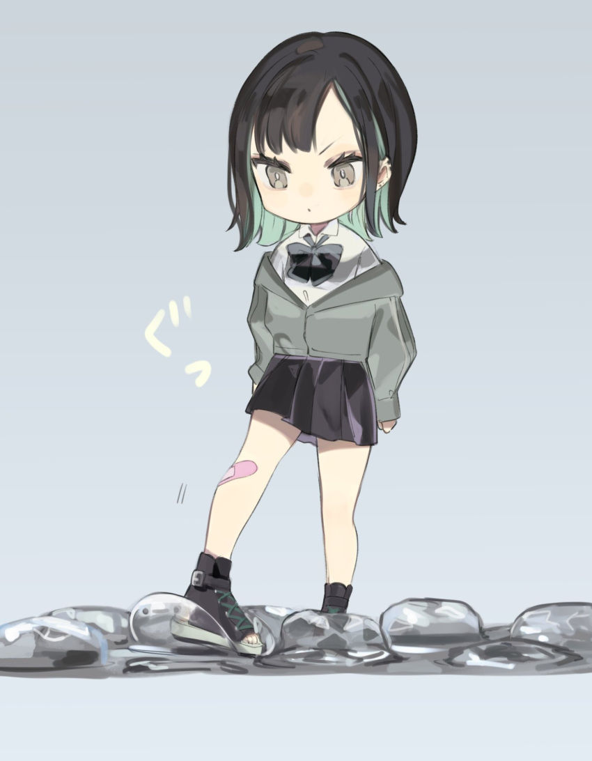 1girl, :o, bandaid, bandaid_on_leg, bangs, black_bow, black_bowtie, black_eyes