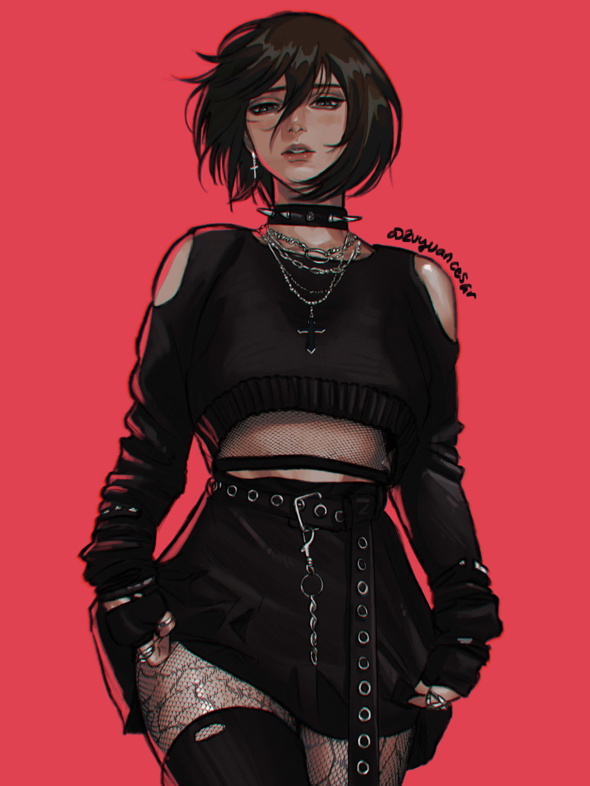 1girl, absurdres, artist_name, bangs, belt, black_clothes, black_collar, black_hair, black_skirt, black_sweater, clothing_cutout, collar, cowboy_shot, crop_top, cross, cross_earrings, cross_necklace, earrings, fingerless_gloves, fishnet_legwear, fishnets, gloves, gothic, hair_between_eyes, highres, jewelry, looking_at_viewer, mikasa_ackerman, miniskirt, multiple_rings, necklace, parted_lips, red_background, ring, scar, scar_on_cheek, scar_on_face, shingeki_no_kyojin, short_hair, shoulder_cutout, skirt, spiked_collar, spikes, sweater, thigh-highs, zu_yuan_cesar